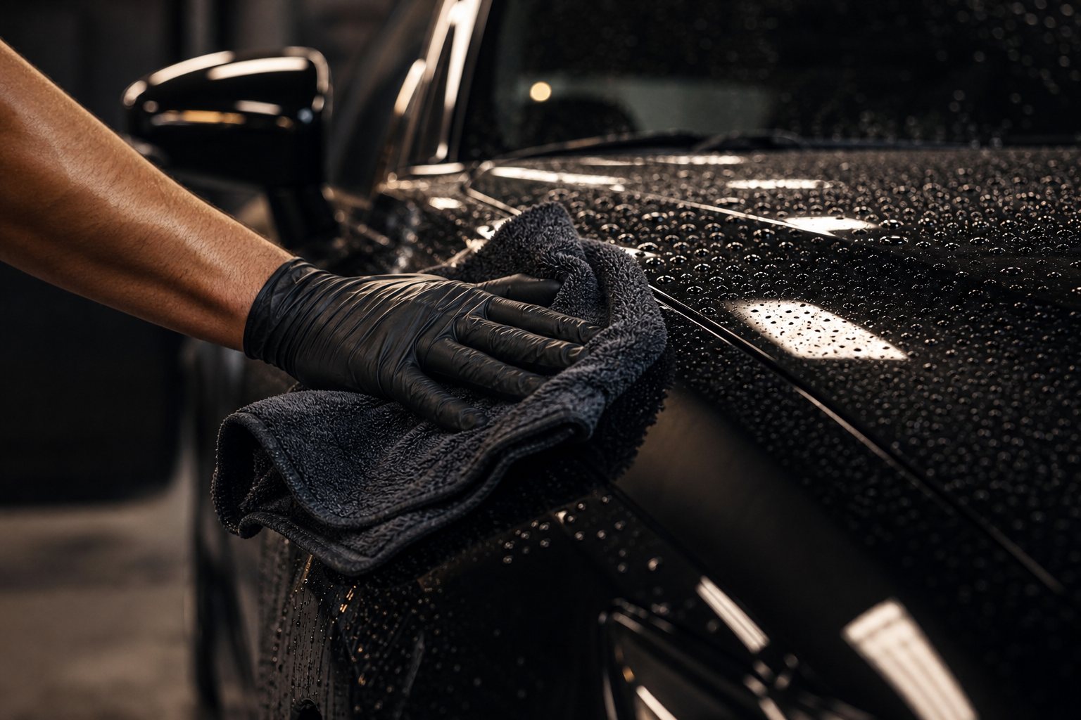 Microfiber towel wiping water beads from black paint